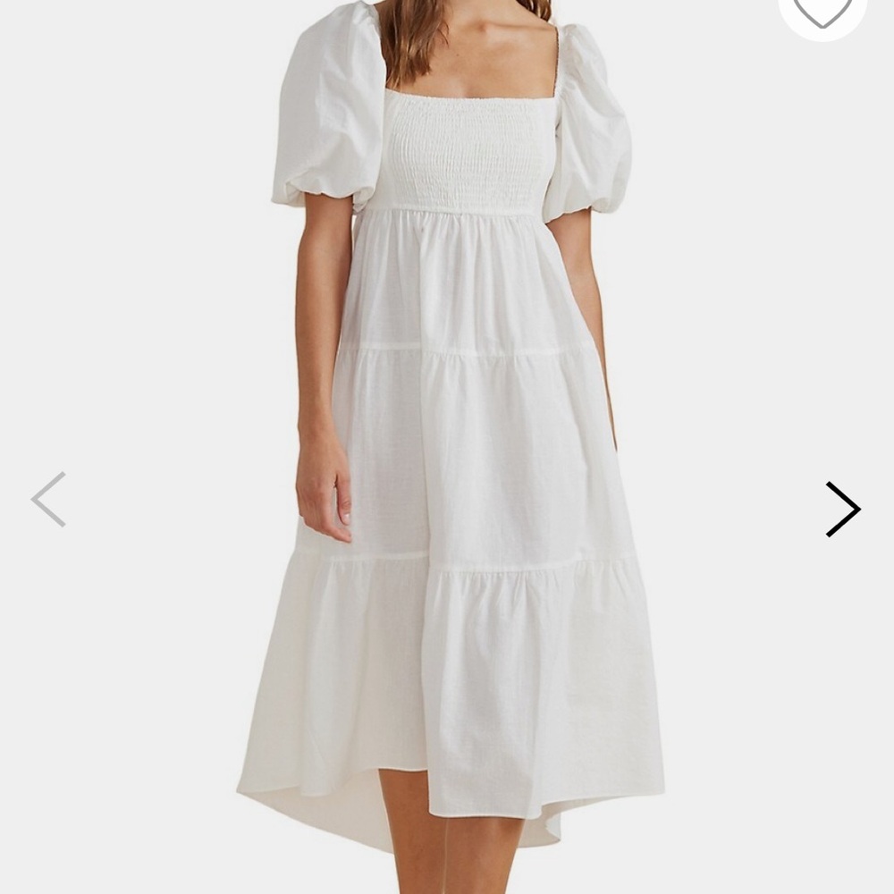 White Azalea Puff-Sleeve Smocked Tiered Midi DressL